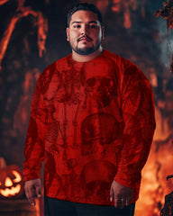 100% Cotton-Skull Continuous Print Men's Loose Plus Size Long Sleeve T-Shirt