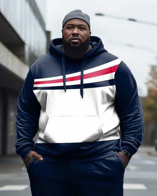 Men's Large Size Blue Color Block Casual Hoodie and Sweatpants Two Piece Set