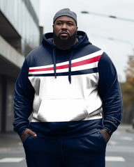 Men's Large Size Blue Color Block Casual Hoodie and Sweatpants Two Piece Set