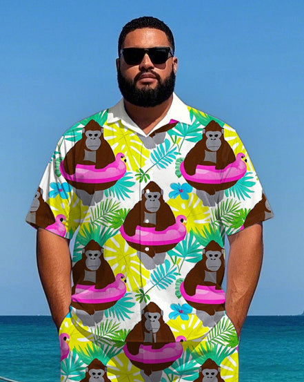 Big Men's Hawaiian Cartoon Chimpanzee in Swim Ring Printed Casual Short Sleeve Shirt Shorts Set