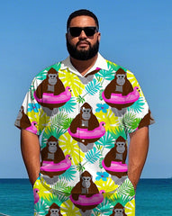 Big Men's Hawaiian Cartoon Chimpanzee in Swim Ring Printed Casual Short Sleeve Shirt Shorts Set