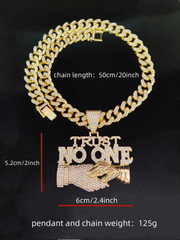 Big & Tall Men's Rhinestone Decorated Cuban Link Chain Necklace with Letter Handshake Shaped Pendant Design