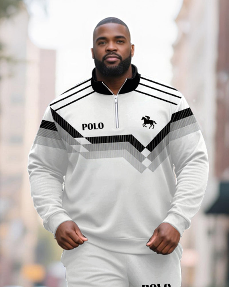 Big & Tall Men's Black And Gray Contrast Printed POLO Collar Zipper Long Sleeve Pants Two-piece Set