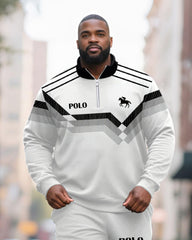 Big & Tall Men's Black And Gray Contrast Printed POLO Collar Zipper Long Sleeve Pants Two-piece Set