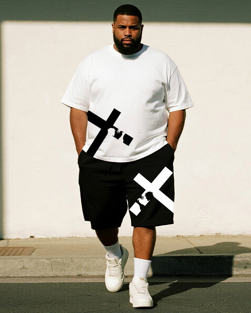 Big & Tall Men's Black And White Simple Cross Print Round Neck Short Sleeve T-Shirt Shorts Suit