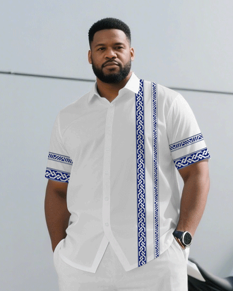 Big & Tall Men's Business Simple White Ethnic Mosaic Printed Short Sleeve Shirt Pants Suit