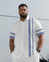 Big & Tall Men's Business Simple White Ethnic Mosaic Printed Short Sleeve Shirt Pants Suit