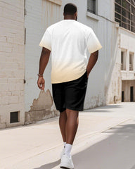 Men's Plus Size Yellow Gradient Burning Letter Print Round Neck Short Sleeve T-shirt Shorts Suit