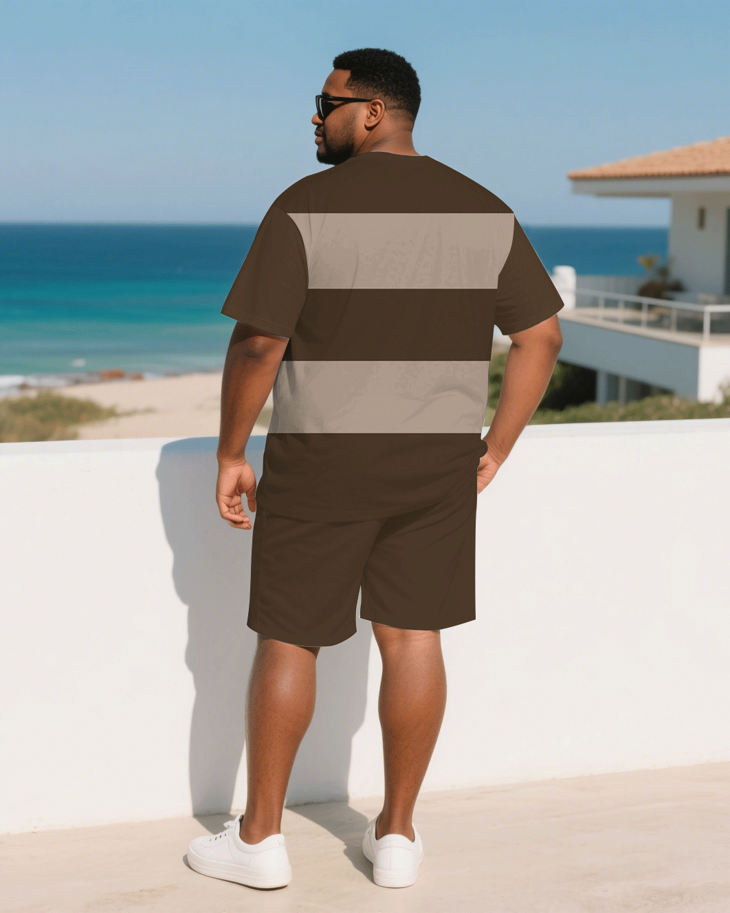 Men's Plus Size Brown & Khaki Chest Small Label Short Sleeve T-Shirt Shorts Suit
