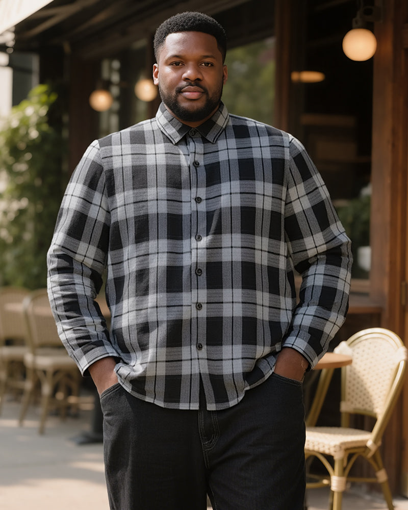 Big & Tall Men's Black-autumn/winter Commuter Plaid Flannel Fabric Long Sleeve Shirt
