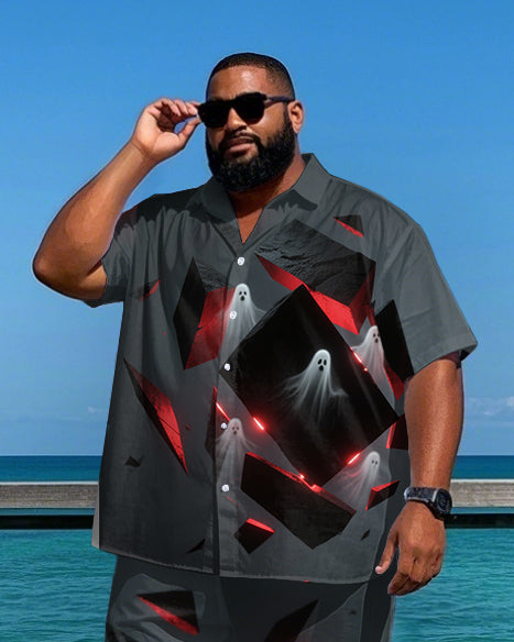 Big Men's Street Fashion Ghost and Blocks Bold Style Printed Short-Sleeve Shirt and Shorts Set