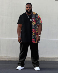 Men's Plus Size Black Ethnic Pattern Stitching Printed Short Sleeve T-shirt Trousers Suit