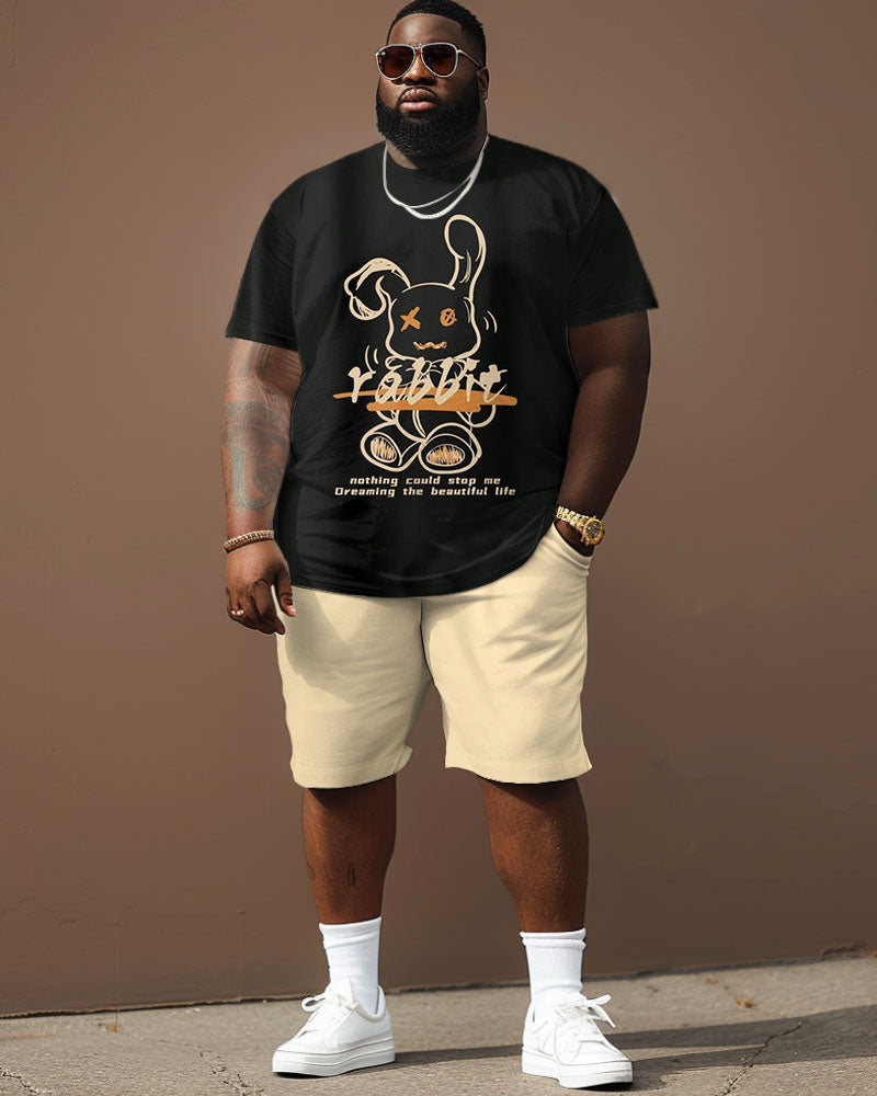 Big & Tall Guy's Street Casual Graffiti Rabbit Alphabet Print T-Shirt Shorts Set