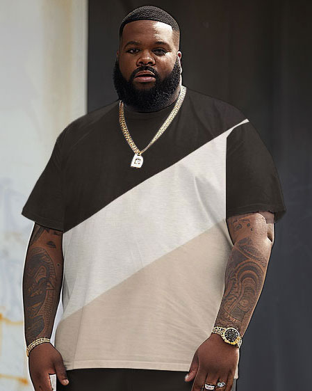 Casual Trendy Color Block Tee Shirt & Shorts Set for Big & Tall Men
