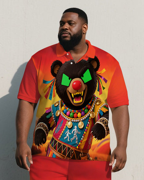 Big Man's Summer Ethical Fun Bear Cartoon Gradient Short-Sleeve Polo Shirt & Shorts Set