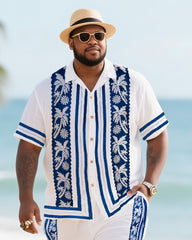 Big Men's Vacation Casual Bohemian Style Blue Vintage Striped Edge Textured White Short Sleeve Shirt Shorts Suit