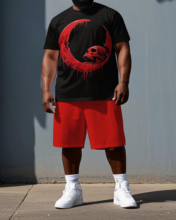 Courage Drips In The Dark Men's Big & Tall Skull & Moon Print Short Sleeve T-shirt & Shorts Set