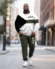 Big & Tall Men's King Colorblock Printed POLO Collar Zipper Long Sleeve Pants Two-Piece Set