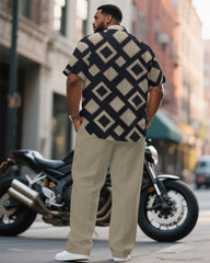 Men's Plus Size Business Black & Khaki Geometric Arrangement Short Sleeve Shirt Pants Suit