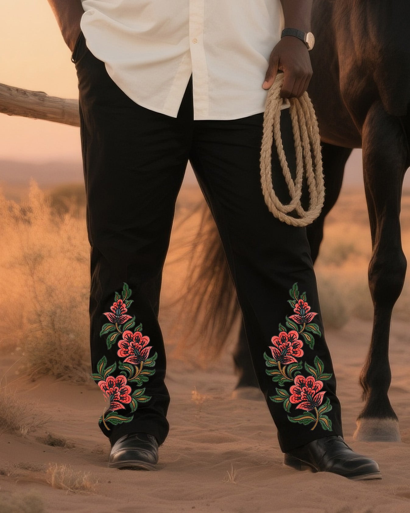 Big & Tall Men's Daily Leisure Western Style 90 S Retro Flowers-short Sleeve Shirt Trousers Suit