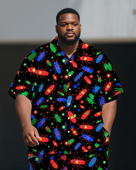 Men's Big and Tall Cartoon World Colorful Beetle Printed Casual Short-Sleeve Shirt Pants Sets