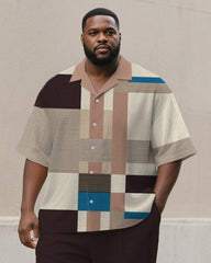 Men's Plus Size Simple Brown Apricot Color-block Striped Printed Short-sleeved Shirt Trousers Suit
