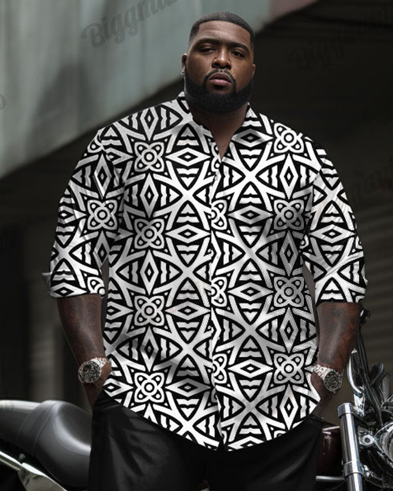 Men's Plus Size Casual Business Retro White Pattern Long Sleeve Shirt Trousers Suit