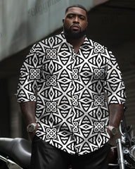 Men's Plus Size Casual Business Retro White Pattern Long Sleeve Shirt Trousers Suit