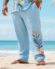 Big & Tall Men's Summer Vacation Style Color Matching Psychedelic Floral Printed Short Sleeve Shirt Trousers Cotton Linen Suit
