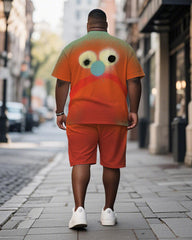 Big & Tall Men's Orange Emoji Graffiti Print Round Neck Short Sleeve T-Shirt Shorts Suit