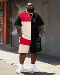 Street Casual Color Block Bear Print Big Man Set
