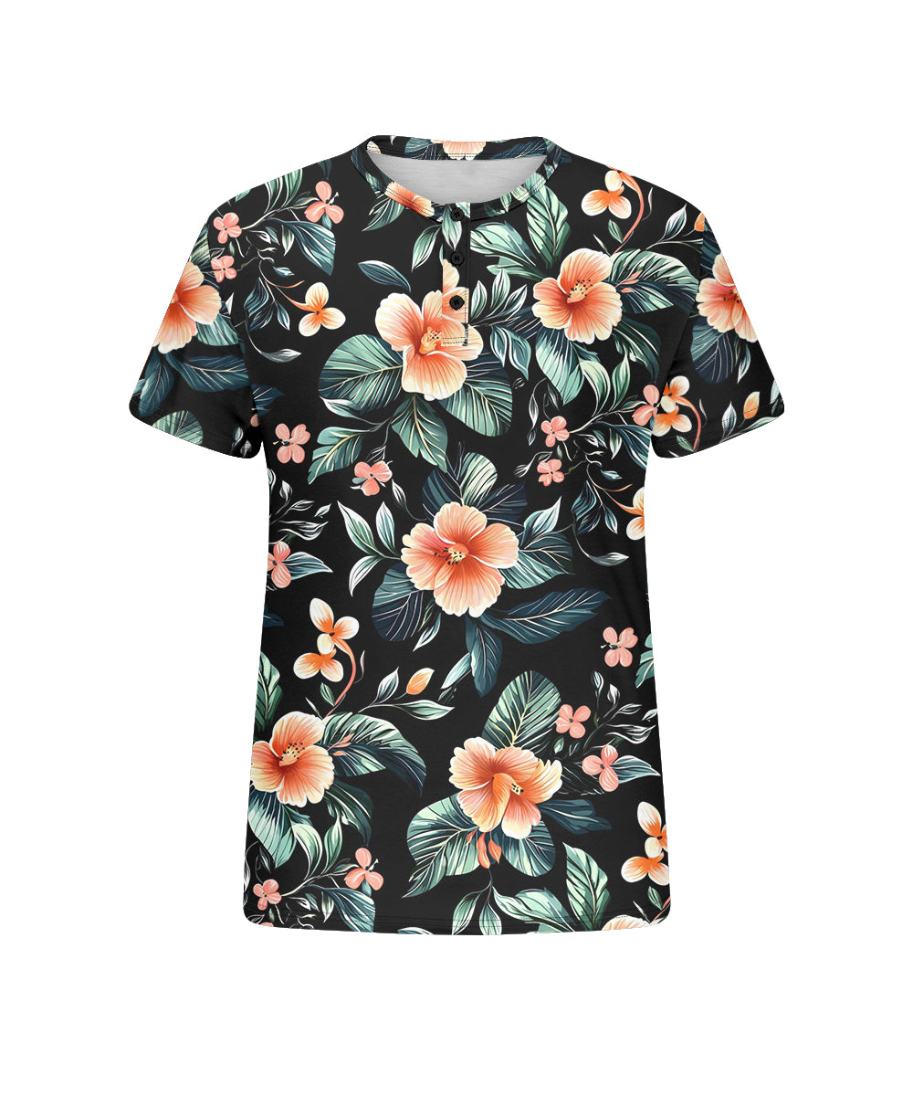 Men's Plus Size Hawaiian Leaf Floral Print Henry Collar Button Short Sleeve Tee