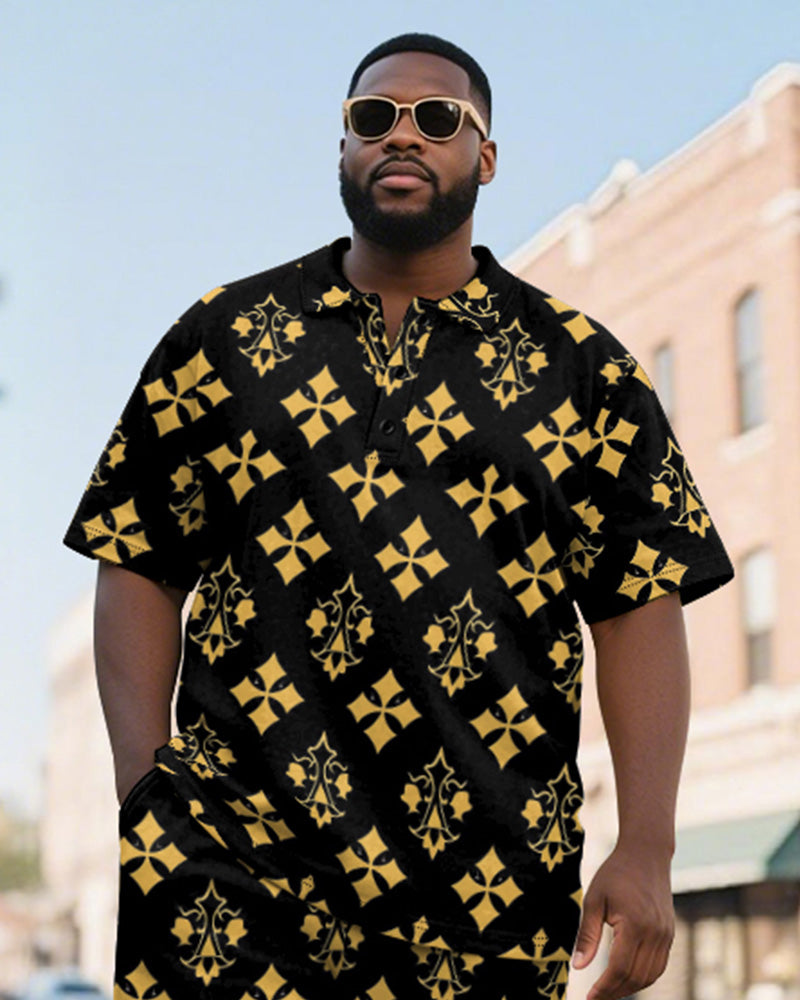 Big & Tall Men's Business Black And Yellow Color Block Diamond Printed Short Sleeve Polo Shirt Shorts Suit
