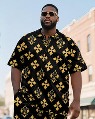 Big & Tall Men's Business Black And Yellow Color Block Diamond Printed Short Sleeve Polo Shirt Shorts Suit