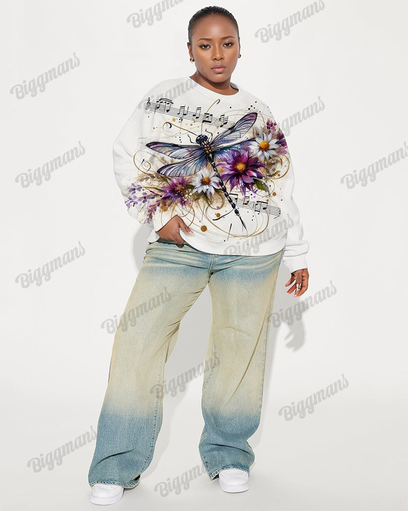 Women's Plus Size Dragonfly and Musical Notes Print Long Sleeve Sweatshirt