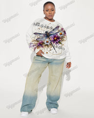 Women's Plus Size Dragonfly and Musical Notes Print Long Sleeve Sweatshirt