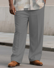 Men's Plus Size Simple Gray Color Block Printed Short Sleeve Shirt Trousers Suit