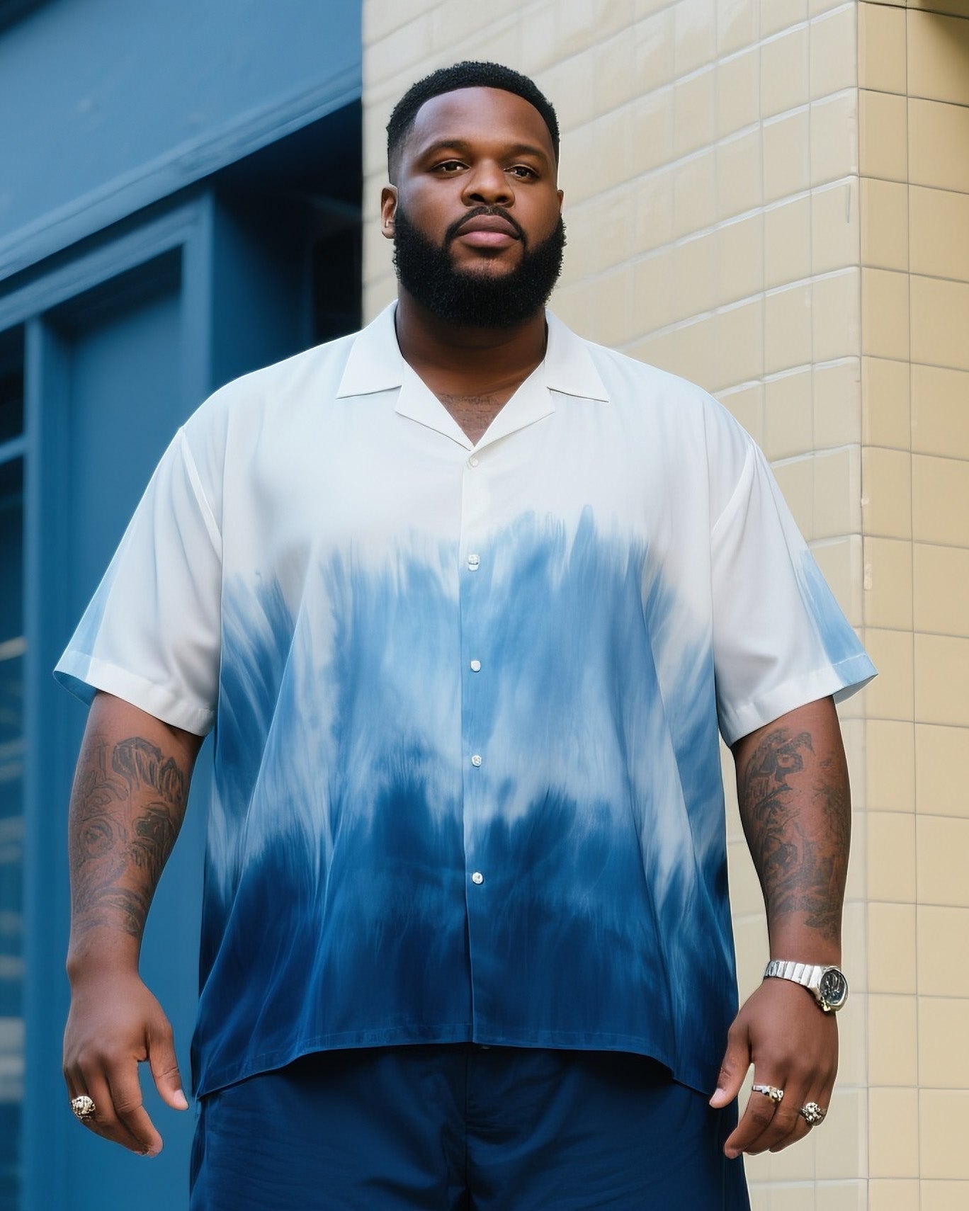 Big Men's Sea Sky Gradient Blue Short Sleeve Shirt Shorts Suit