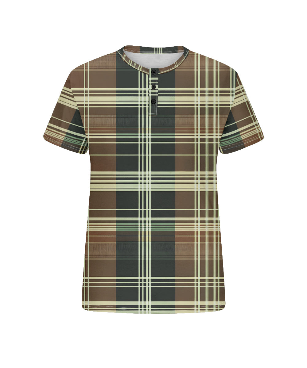 Men's Plus Size Casual Daily Green Plaid Print Henry Collar Button Short Sleeve T-Shirt