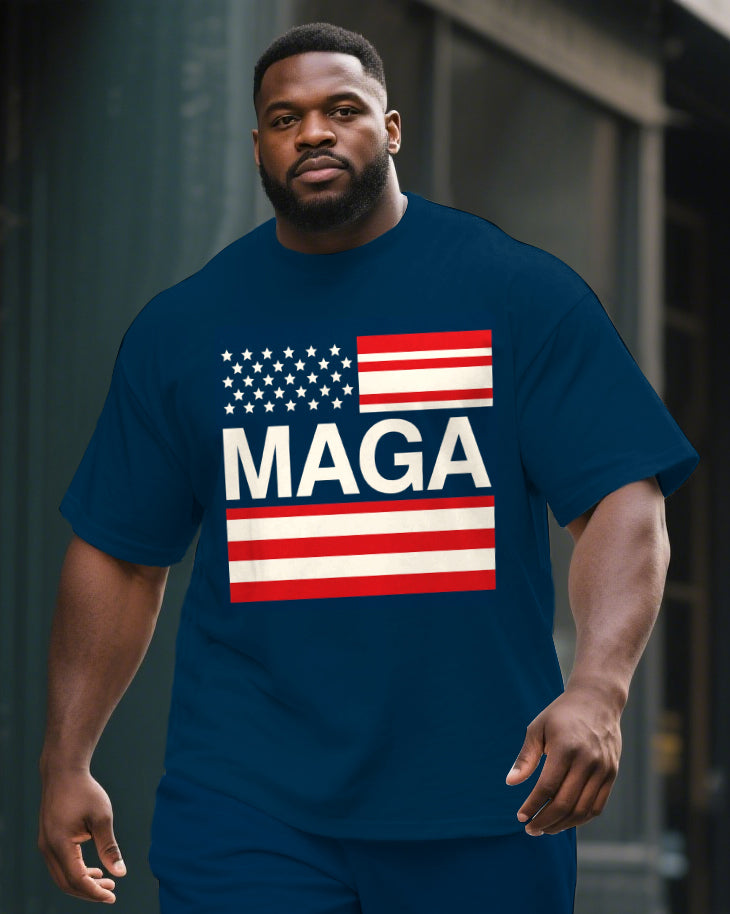 Big Men's Casual MAGA U.S.A Theme Printed 2-piece Short Sleeve T-Shirt Shorts Suit