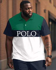 Royal Blue Classic Colorblock Polo Shirt Trousers Suit Men's Plus Size