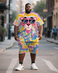 Men's Plus Size Pink Tie Dye Graffiti Cartoon Print Short Sleeve T-Shirt Shorts Suit