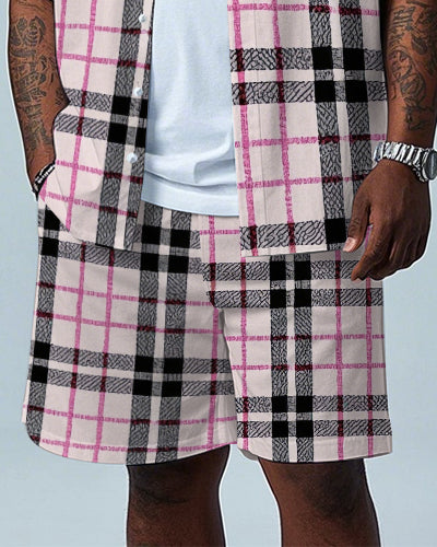 Men's Big Size Gentlemen Pink Plaid Printed Daily Casual Short Sleeve Shirt and Shorts Set