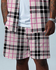 Men's Big Size Gentlemen Pink Plaid Printed Daily Casual Short Sleeve Shirt and Shorts Set