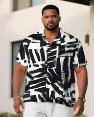 Men's Plus Size White Brush Graffiti Art Short Sleeve Shirt Shorts Suit