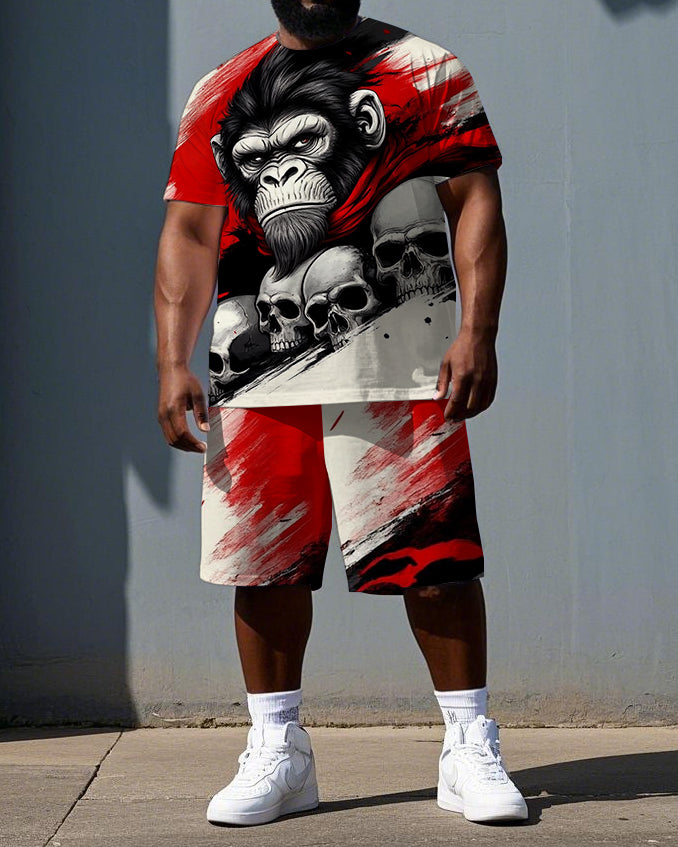 Big & Tall Men's Gorillas and Skulls Printed Summer Short Sleeve T-shirt and Short Set