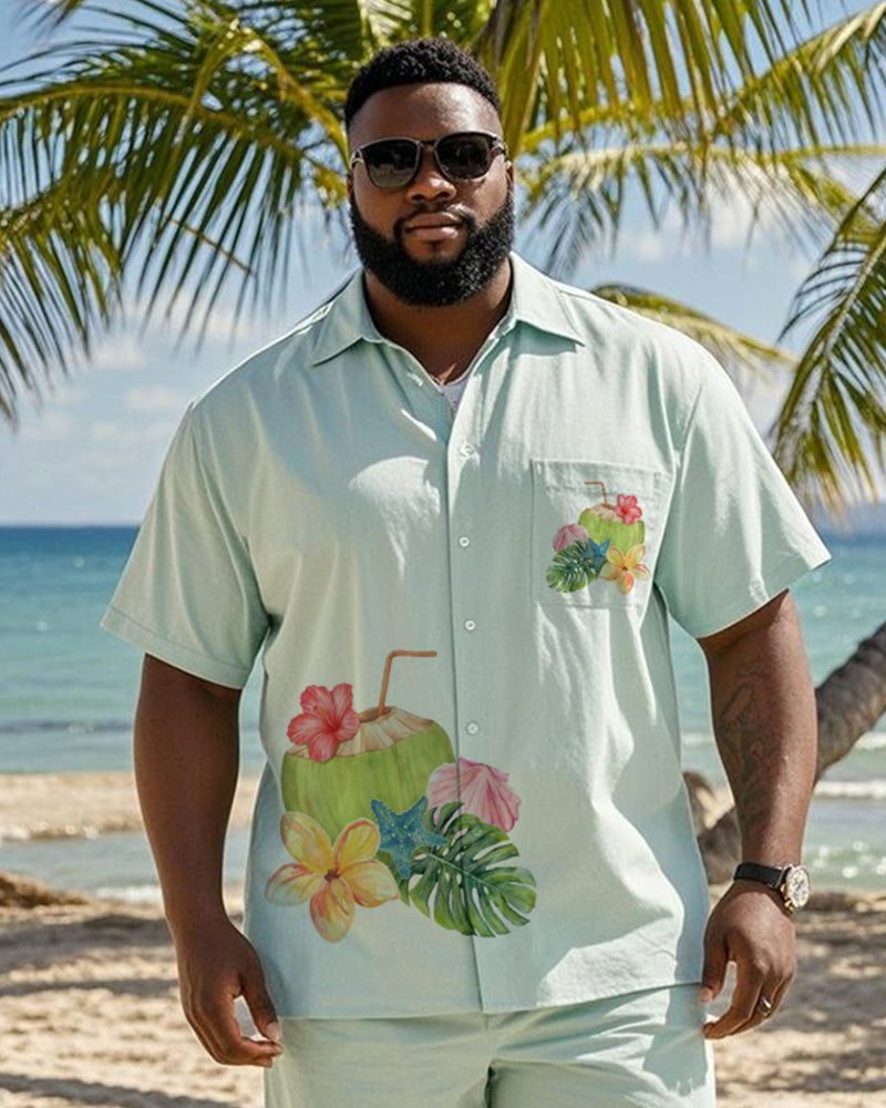 Big & Tall Men's Hawaiian Vacation Leaf Floral Print Pocket Shirt Shorts Suit