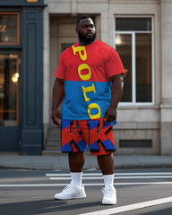 Big Men's Red & Blue Color Block Splicing Letter POLO K Printed Short Sleeve T-shirt Shorts Set