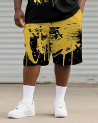 Big & Tall Men's Yellow Graffiti Teeth Print Round Neck Short Sleeve T-Shirt Shorts Suit