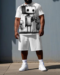 Men's Casual Fashion Robot Illustration Print Big & Tall Summer Short-Sleeve T-shirt Shorts Set